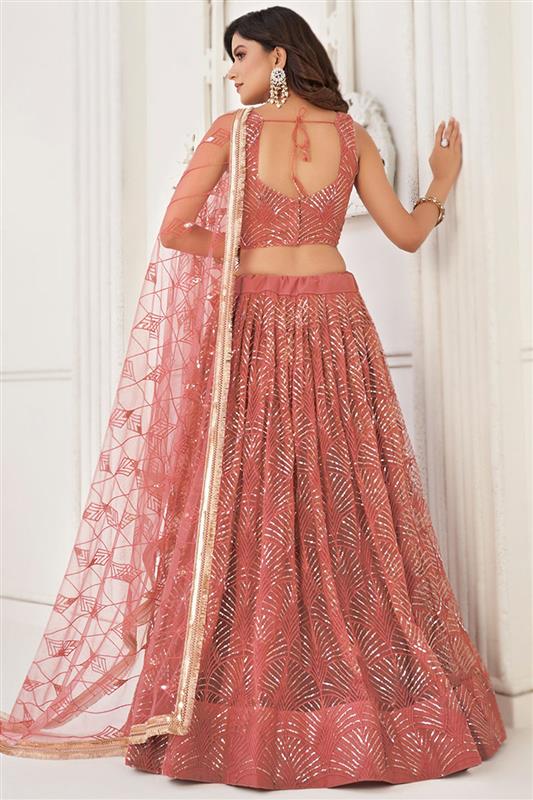 Punch Pink Sequins Embroidered Flared Style Net Lehenga - Image 5