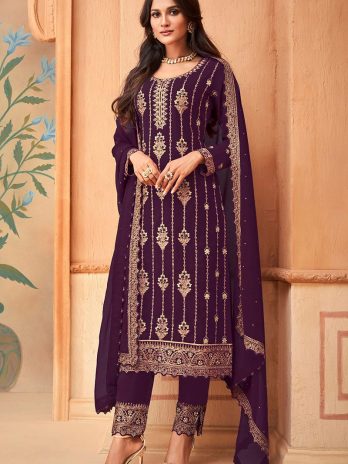 Purple Georgette Embroidered Pakistani Trouser Suit