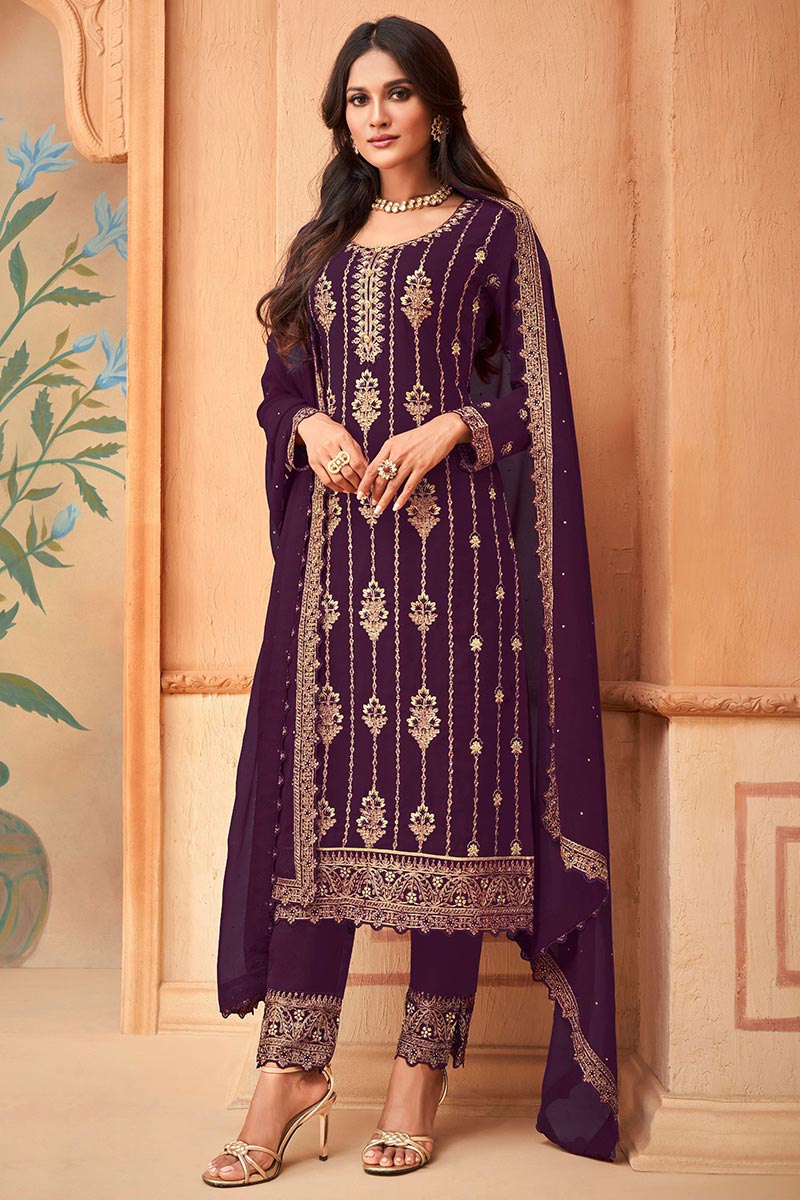 Purple Georgette Embroidered Pakistani Trouser Suit