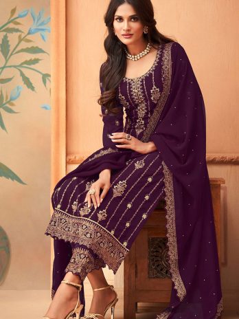 Purple Georgette Embroidered Pakistani Trouser Suit