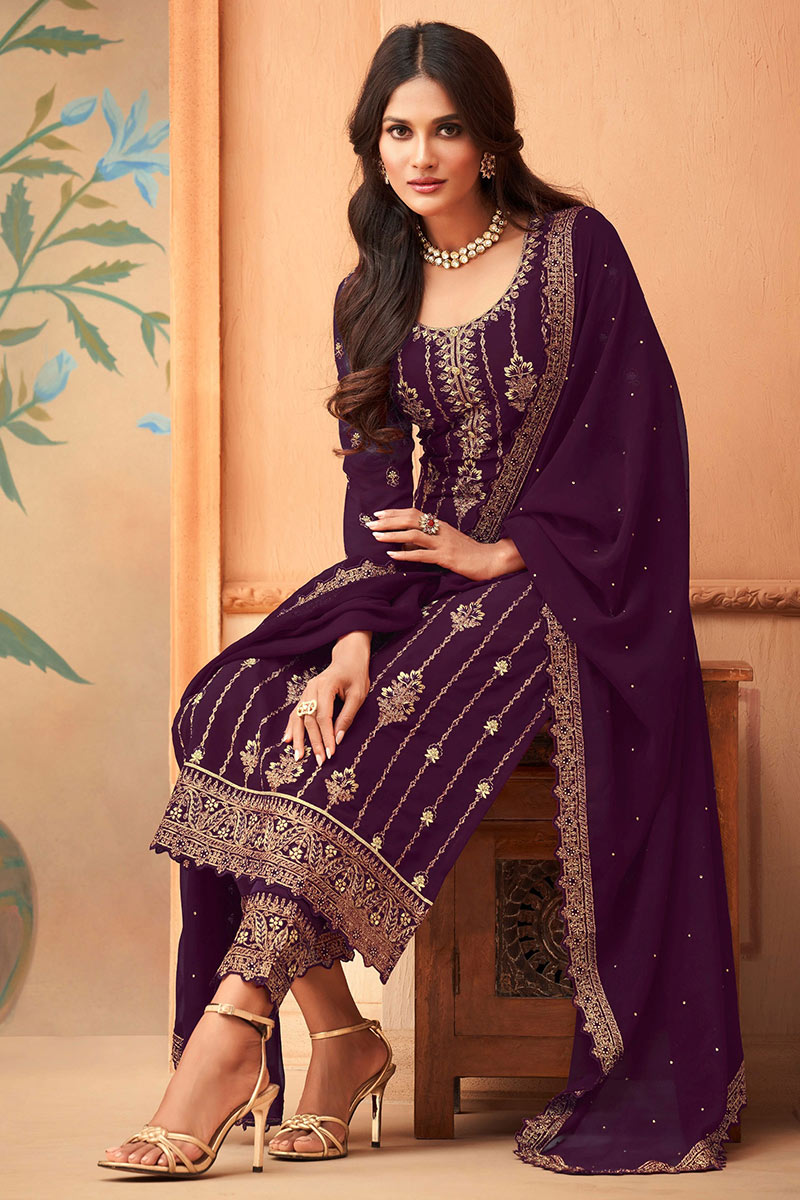 Purple Georgette Embroidered Pakistani Trouser Suit - Image 2