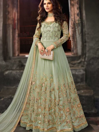 Sage Green Embroidered Net Anarkali Suit For Mehndi