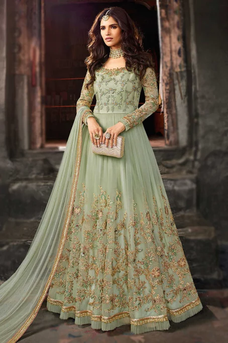 Sage Green Embroidered Net Anarkali Suit For Mehndi