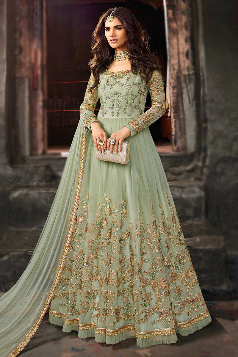 Sage Green Embroidered Net Anarkali Suit For Mehndi