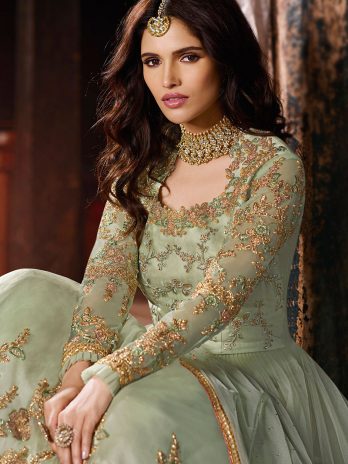 Sage Green Embroidered Net Anarkali Suit For Mehndi