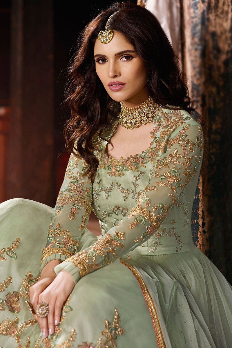 Sage Green Embroidered Net Anarkali Suit For Mehndi - Image 2