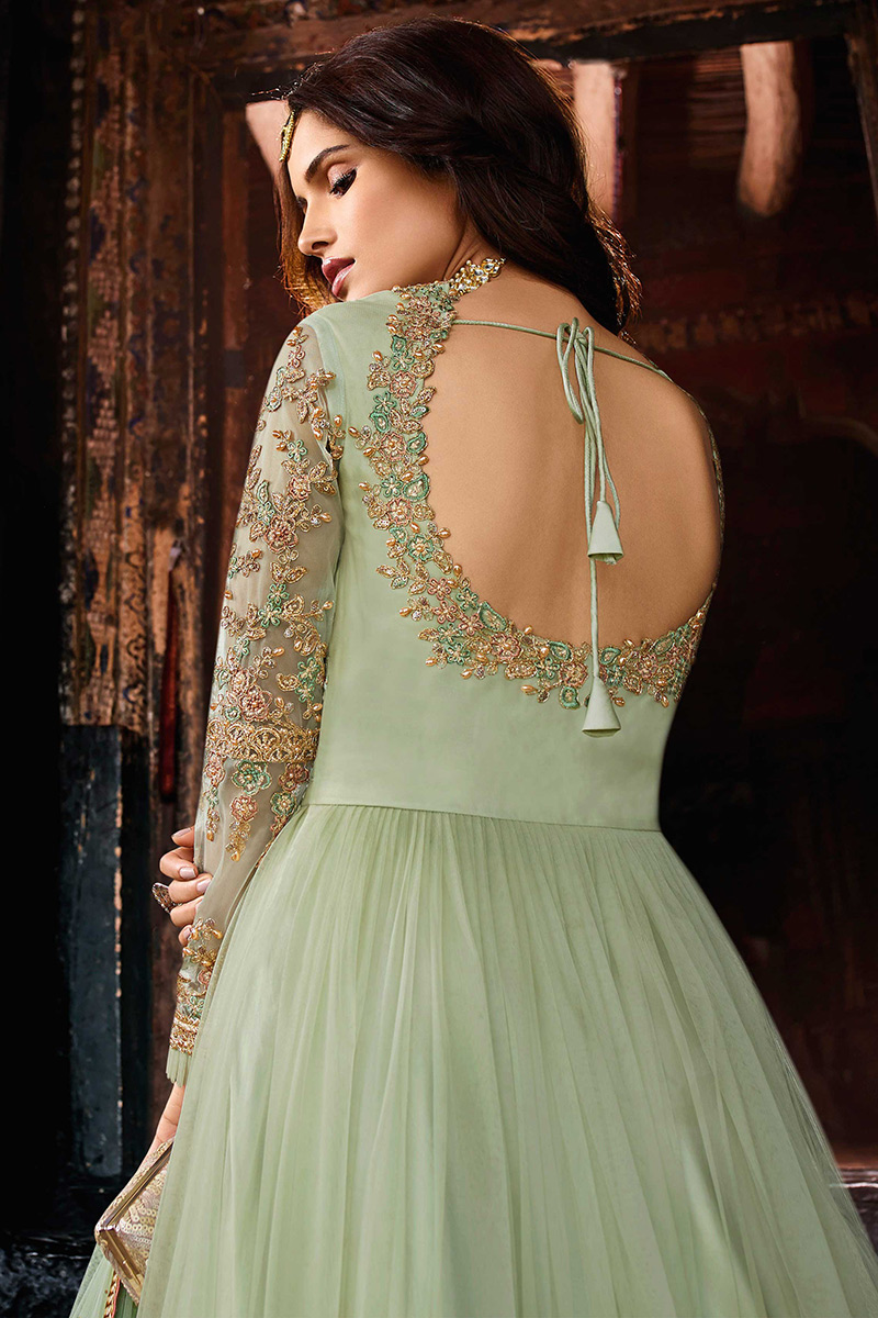 Sage Green Embroidered Net Anarkali Suit For Mehndi - Image 3