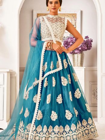 Sequins Embroidered Net Sea Blue Lehenga for Diwali Party
