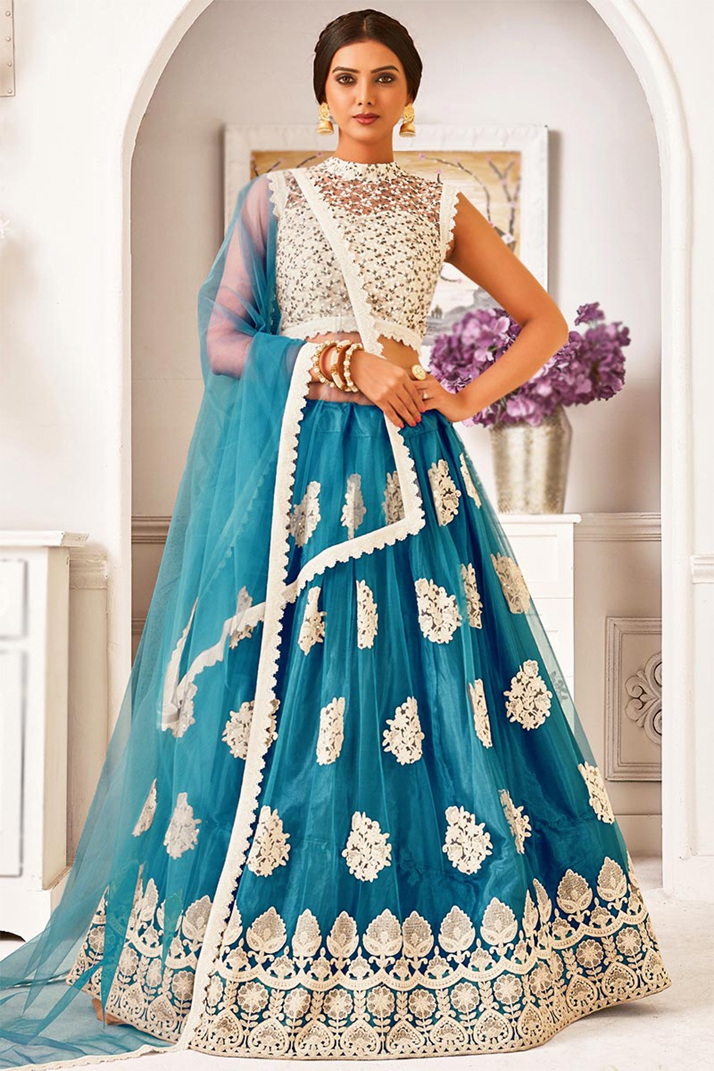 Sequins Embroidered Net Sea Blue Lehenga for Diwali Party