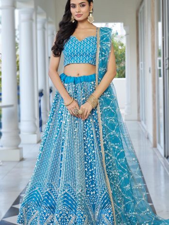 Sky Blue Net Sequins Embroidered Flared Style Lehenga
