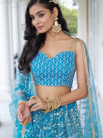 Sky Blue Net Sequins Embroidered Flared Style Lehenga
