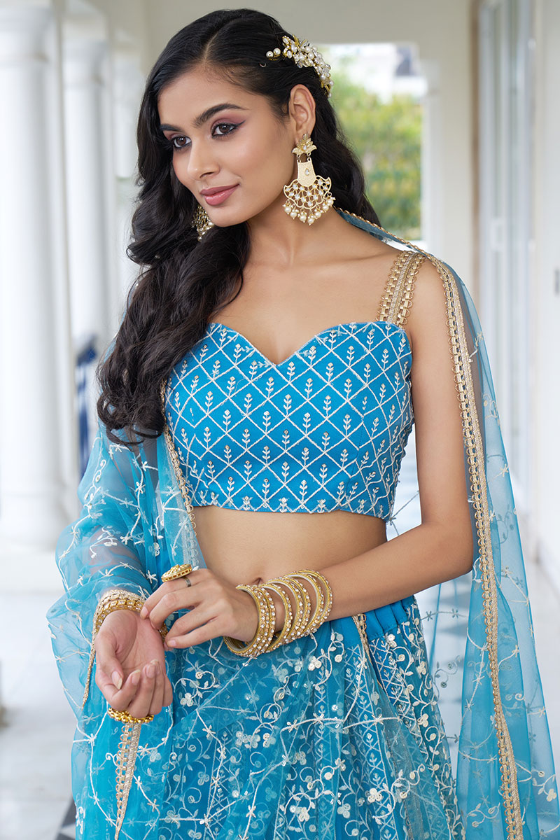Sky Blue Net Sequins Embroidered Flared Style Lehenga - Image 2