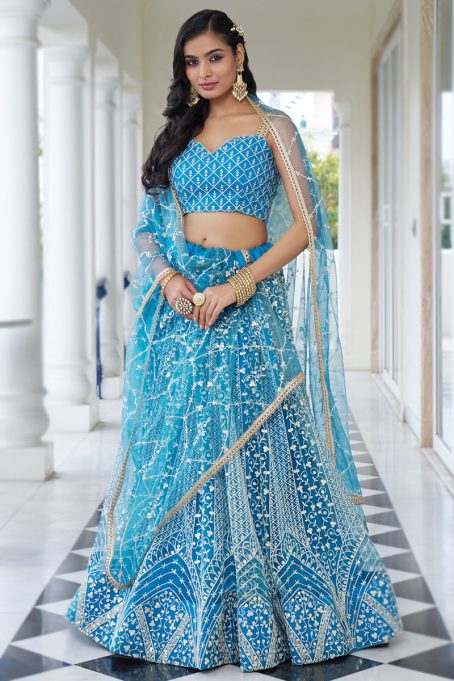 Sky Blue Net Sequins Embroidered Flared Style Lehenga - Image 3
