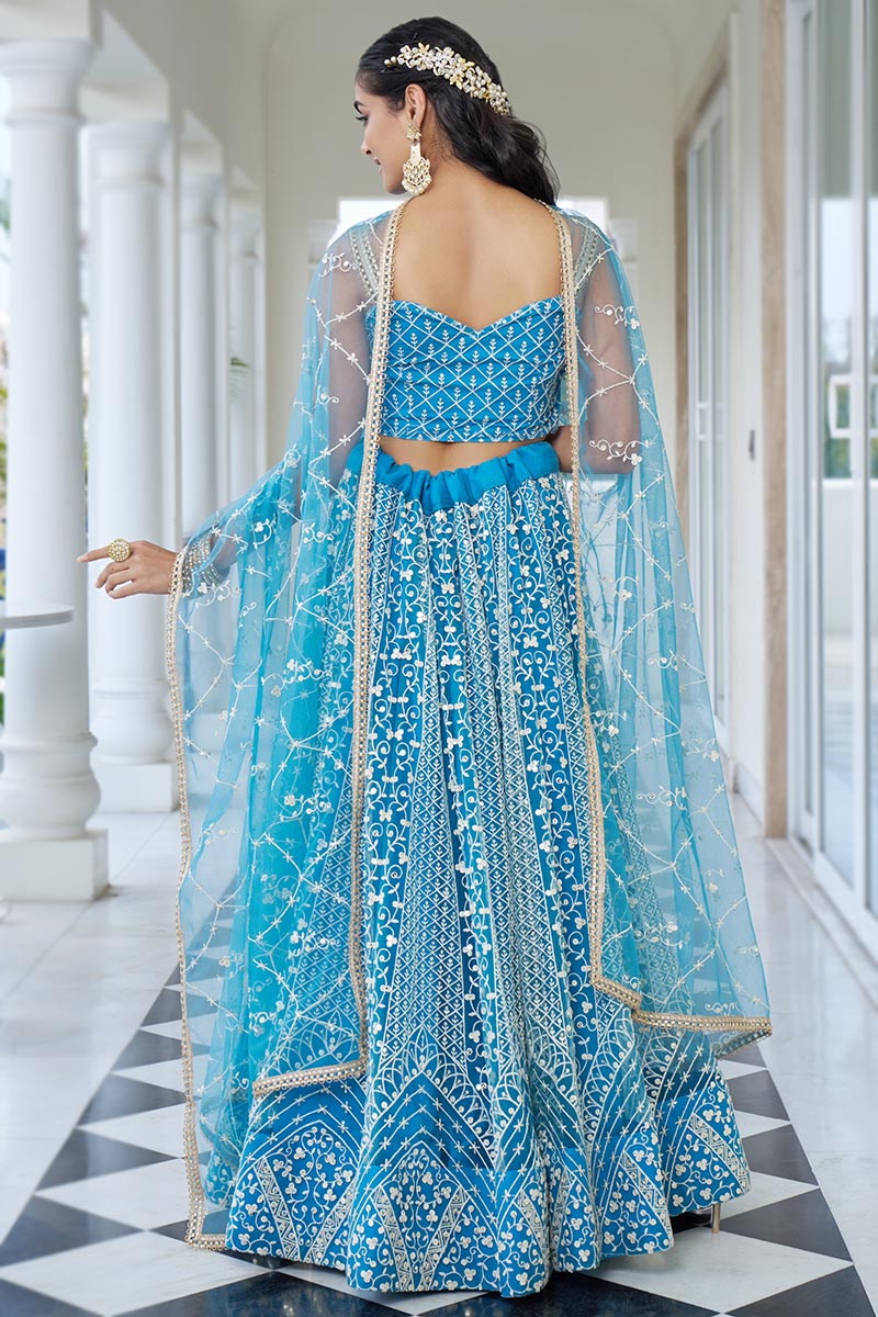 Sky Blue Net Sequins Embroidered Flared Style Lehenga - Image 4