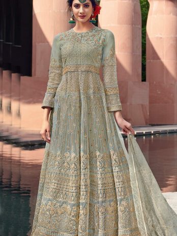 Thread Work Embroidered Net Sage Green Anarkali Suit
