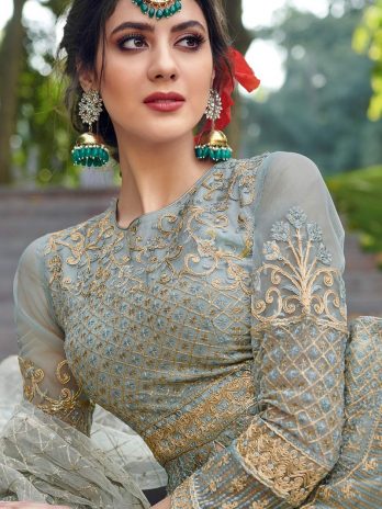 Thread Work Embroidered Net Sage Green Anarkali Suit