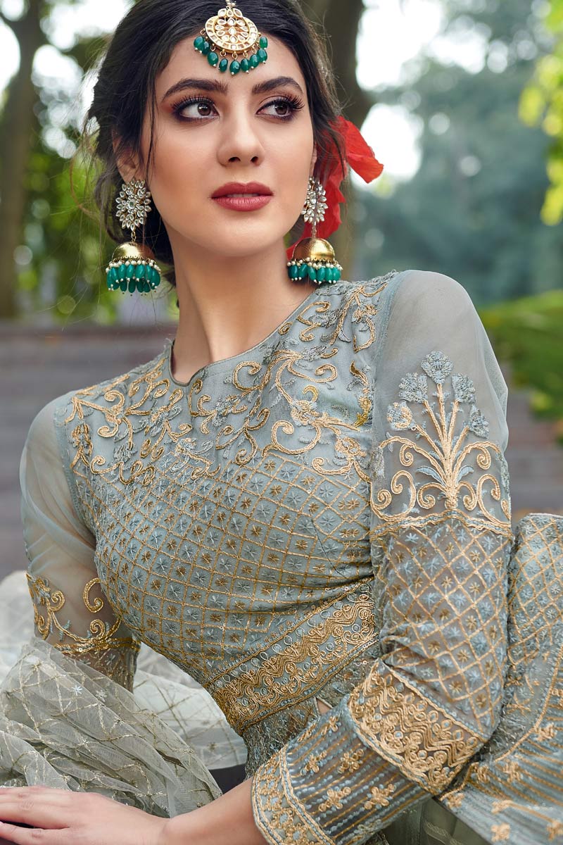 Thread Work Embroidered Net Sage Green Anarkali Suit - Image 2