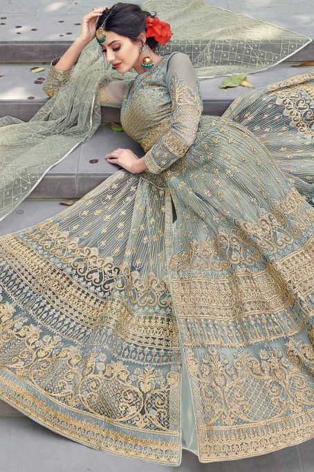 Thread Work Embroidered Net Sage Green Anarkali Suit - Image 3
