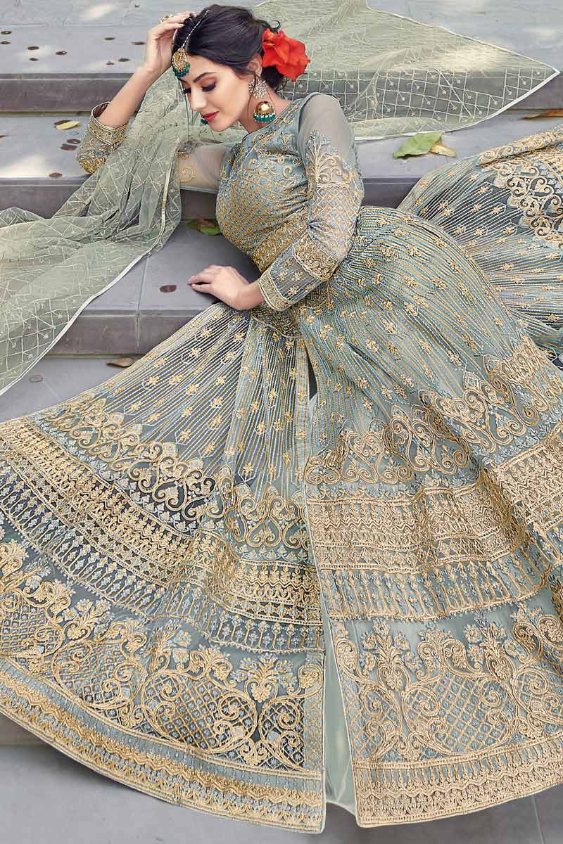 Thread Work Embroidered Net Sage Green Anarkali Suit - Image 3