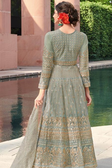 Thread Work Embroidered Net Sage Green Anarkali Suit - Image 4