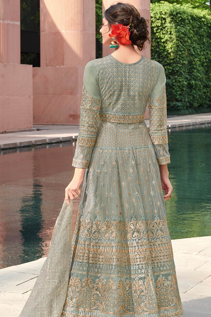 Thread Work Embroidered Net Sage Green Anarkali Suit - Image 4