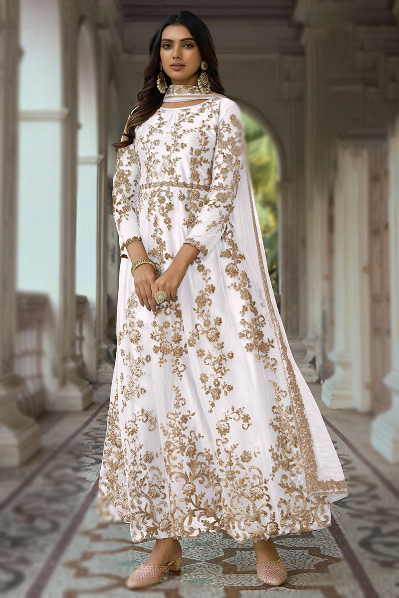 Net White Dori Embroidered Anarkali Suit for Party