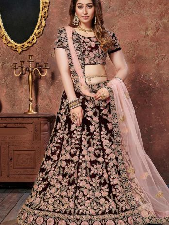 Dori Embroidered Velvet Dark Maroon Lehenga