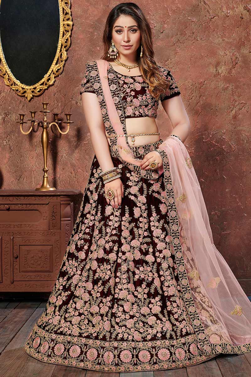 Dori Embroidered Velvet Dark Maroon Lehenga