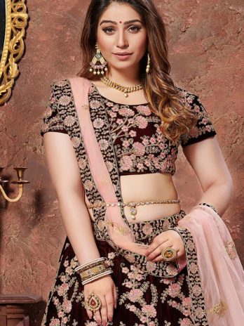 Dori Embroidered Velvet Dark Maroon Lehenga