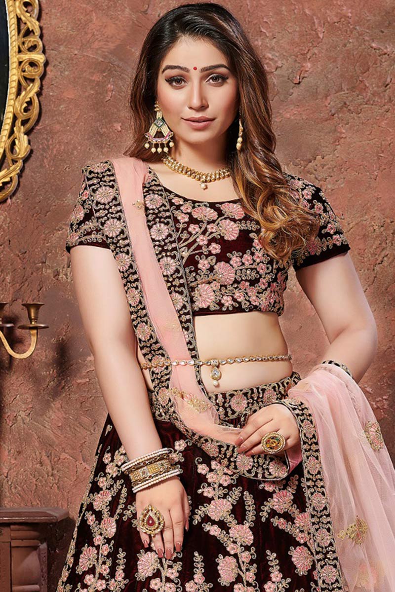 Dori Embroidered Velvet Dark Maroon Lehenga - Image 2