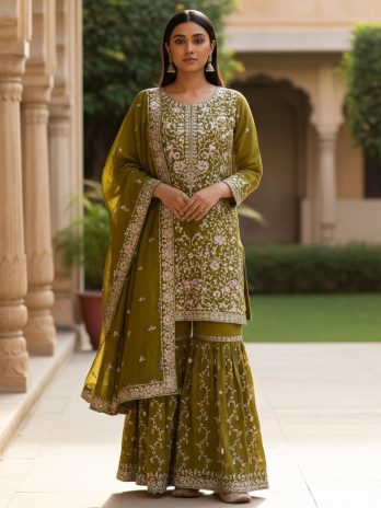 Mustard Yellow Silk Embroidered Gharara Suit