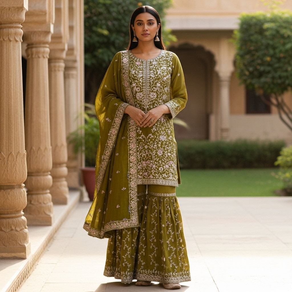 Mustard Yellow Silk Embroidered Gharara Suit