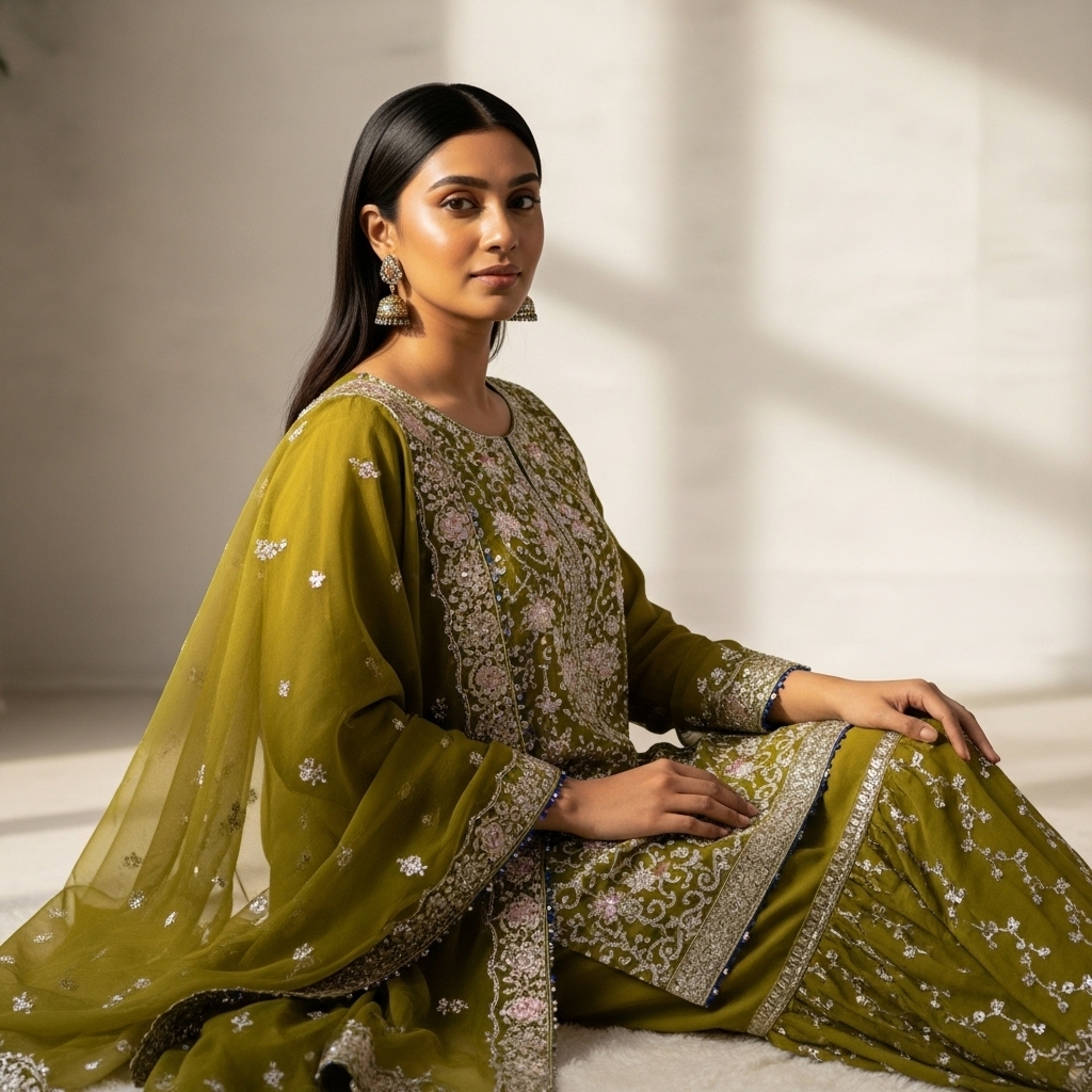 Mustard Yellow Silk Embroidered Gharara Suit - Image 4