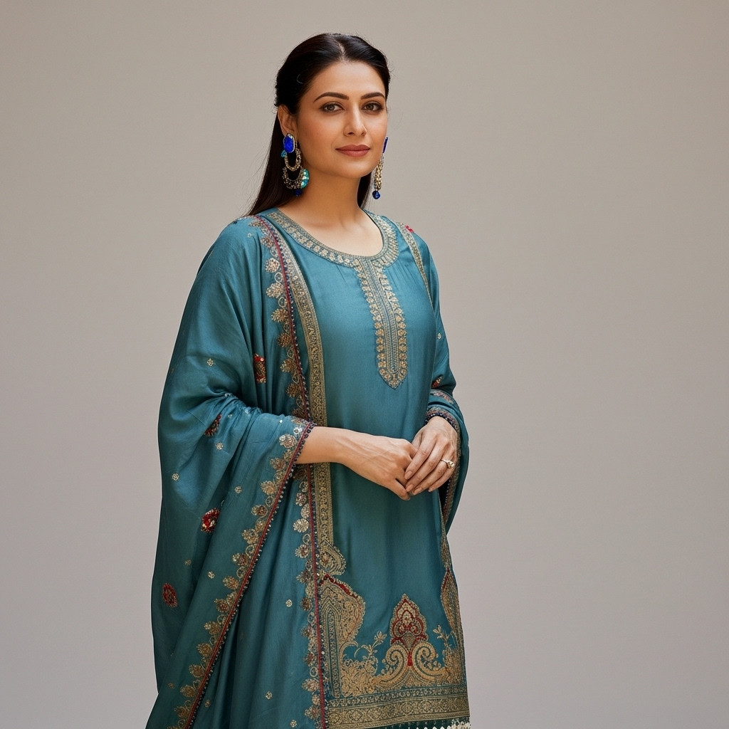 Teal Blue Embroidered Sharara Suit - Image 3