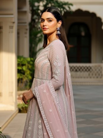 Blush Pink Net Embroidered Anarkali Suit