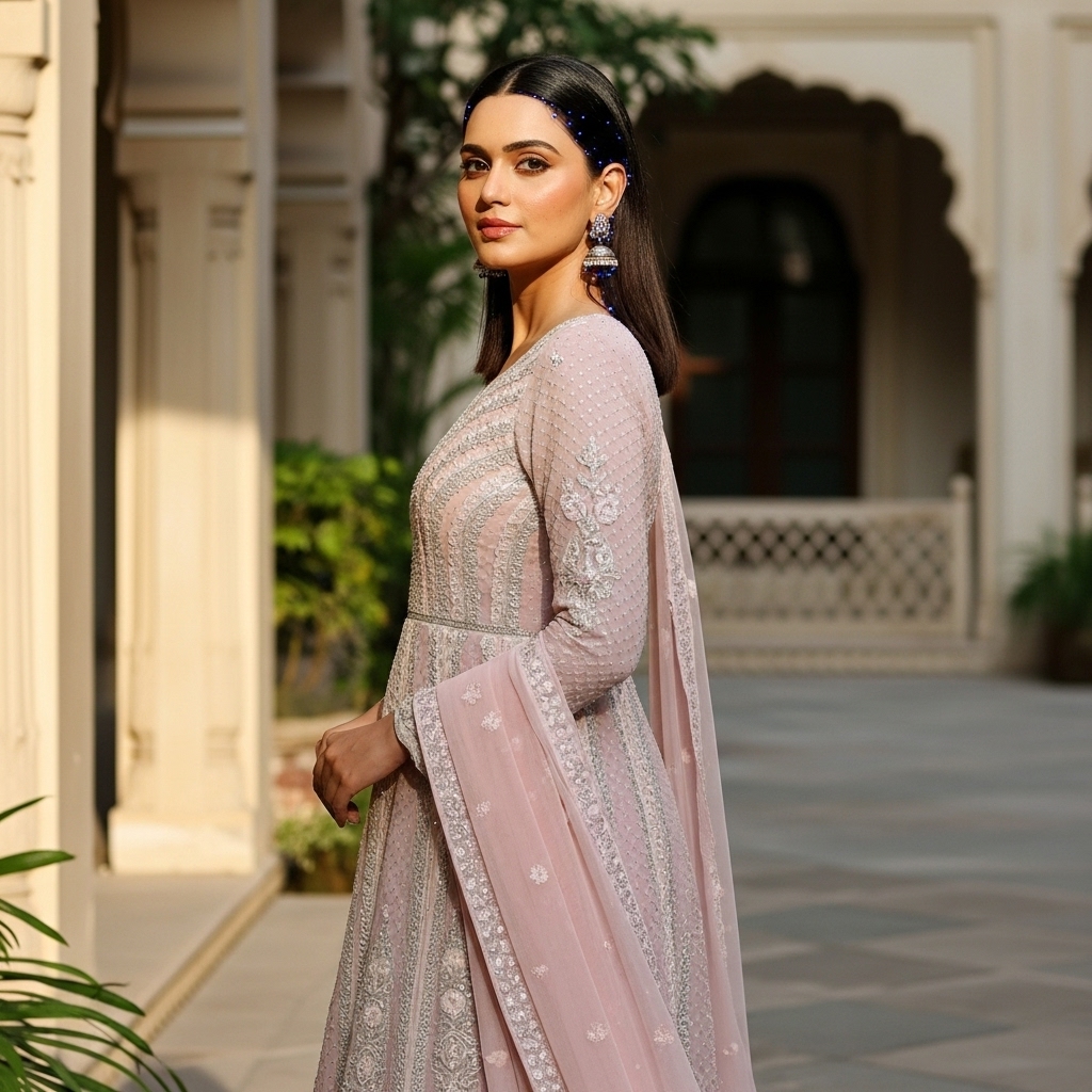 Blush Pink Net Embroidered Anarkali Suit - Image 2