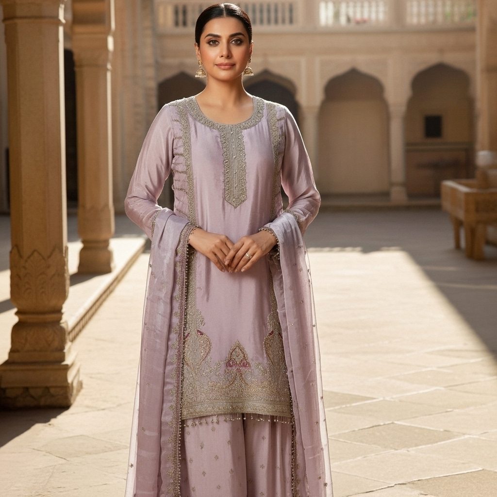Lilac Silk Embroidered Sharara Suit