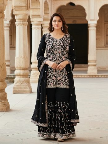 Black Georgette Embroidered Gharara Suit