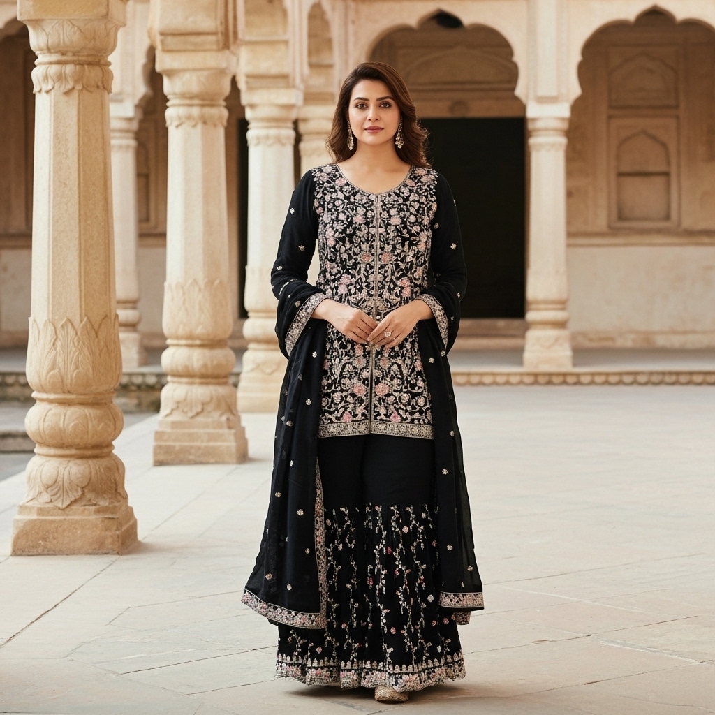 Black Georgette Embroidered Gharara Suit