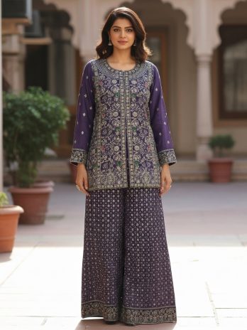 Deep Purple Printed & Embroidered Sharara Suit