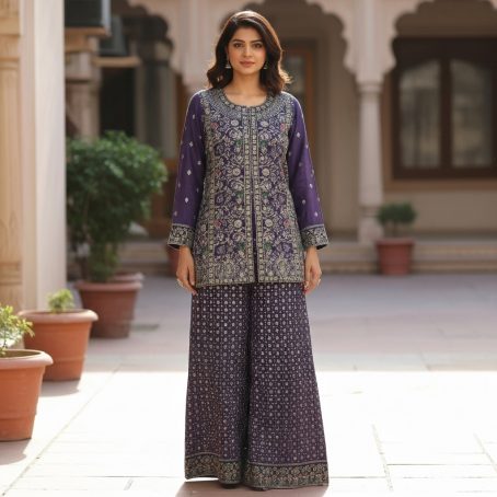 Deep Purple Printed & Embroidered Sharara Suit