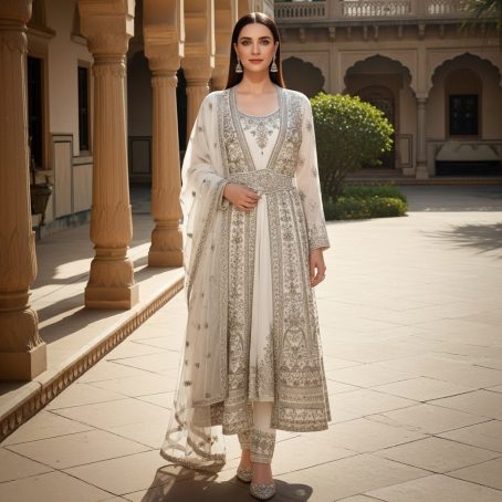 White Silk Embroidered Gown - Image 3