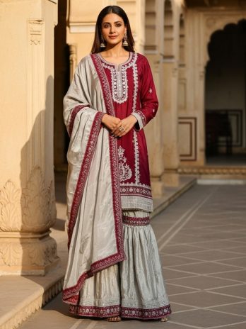 Maroon and Silver Embroidered Gharara Suit