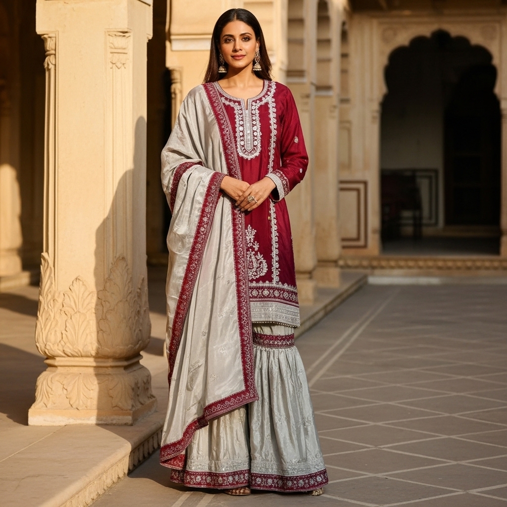 Maroon and Silver Embroidered Gharara Suit