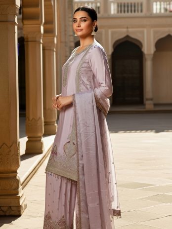 Lilac Silk Embroidered Sharara Suit