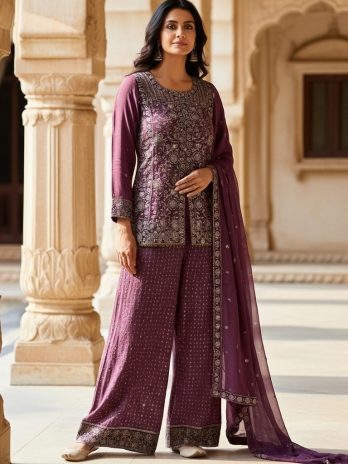 Plum Purple Embroidered Sharara Suit with Dupatta