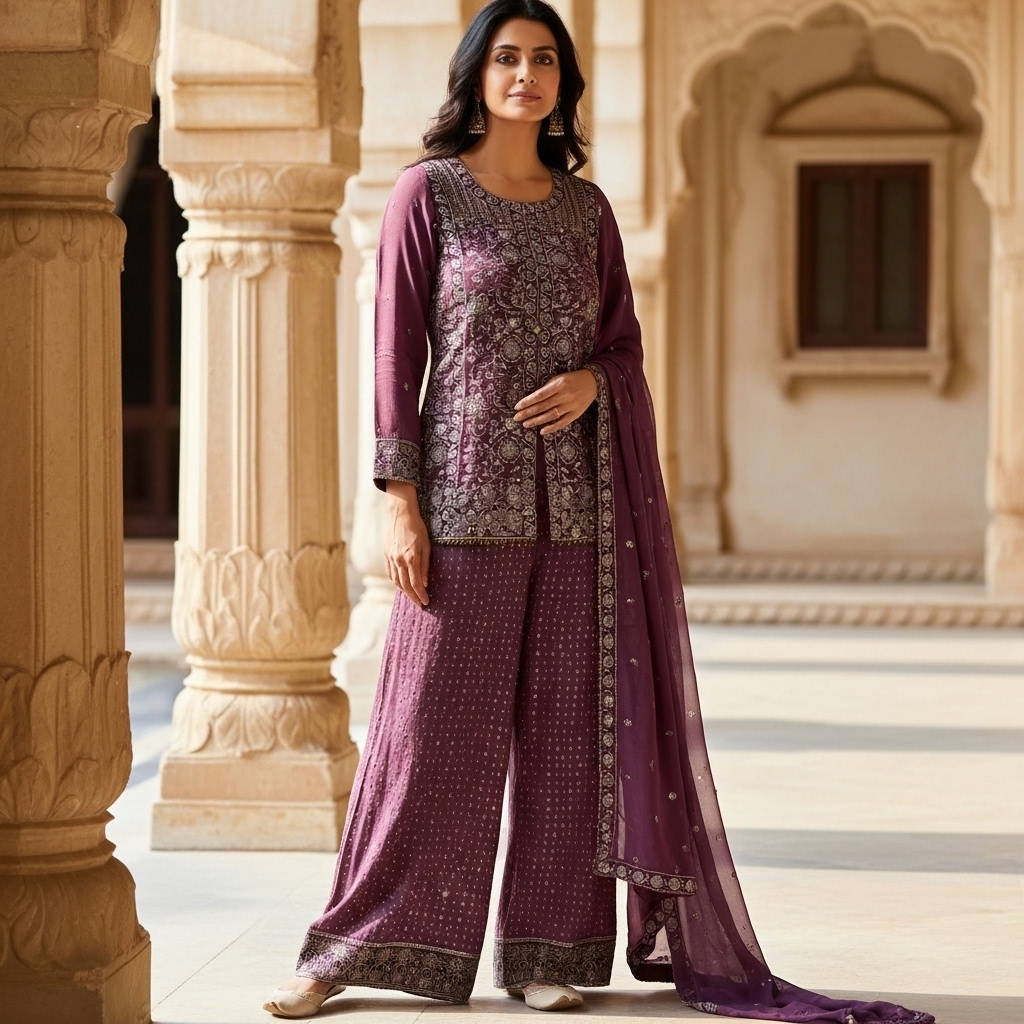 Plum Purple Embroidered Sharara Suit with Dupatta