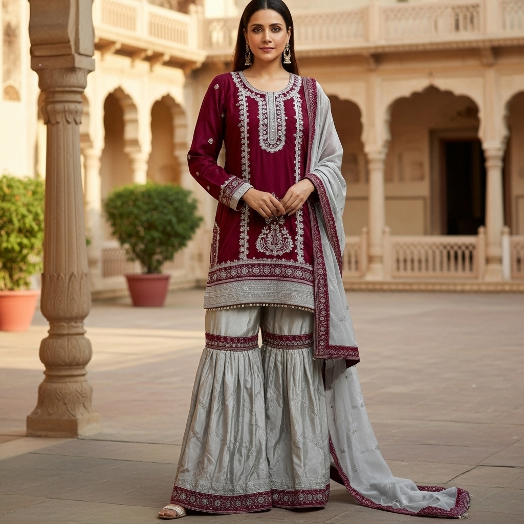 Maroon and Silver Embroidered Gharara Suit - Image 3