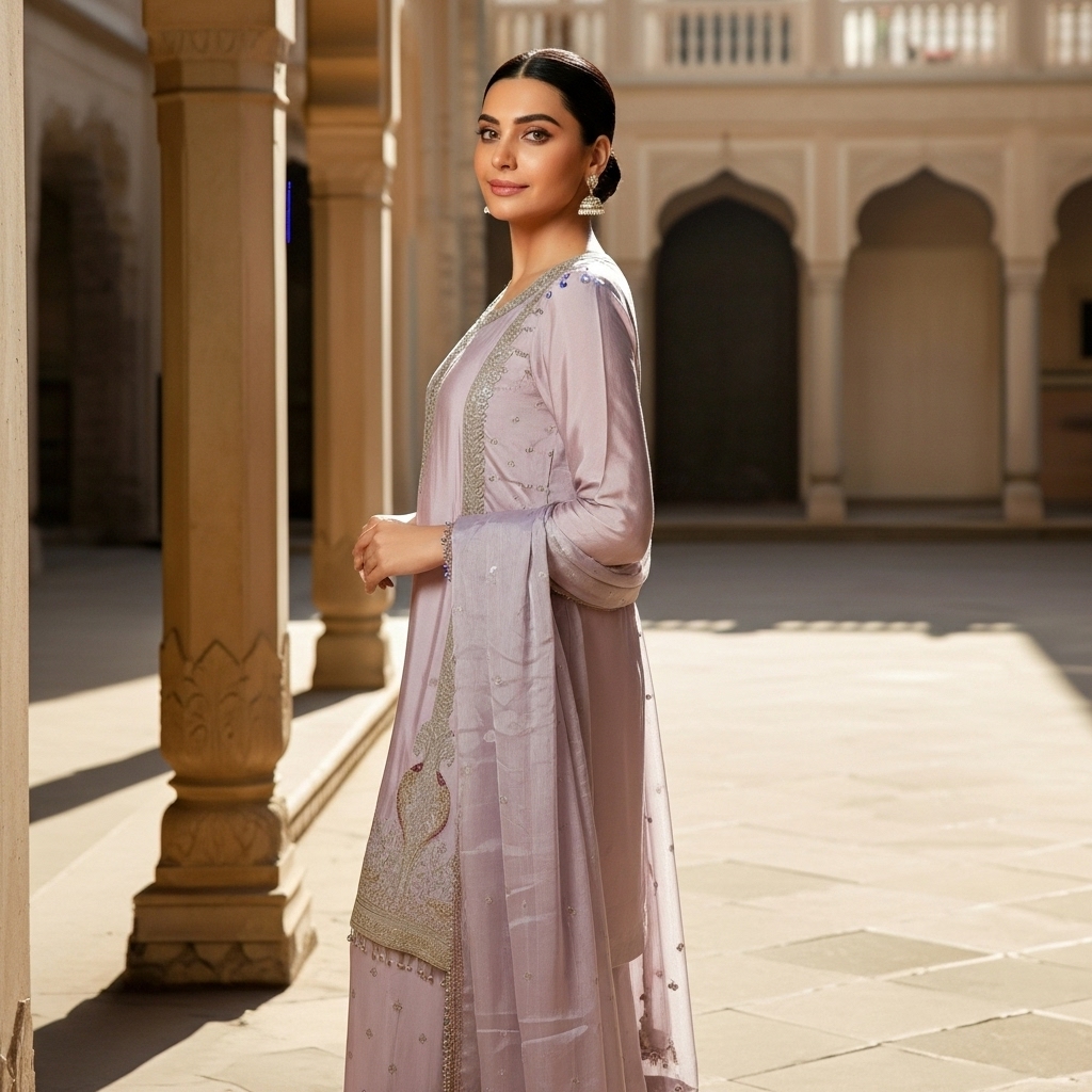 Lilac Silk Embroidered Sharara Suit - Image 3