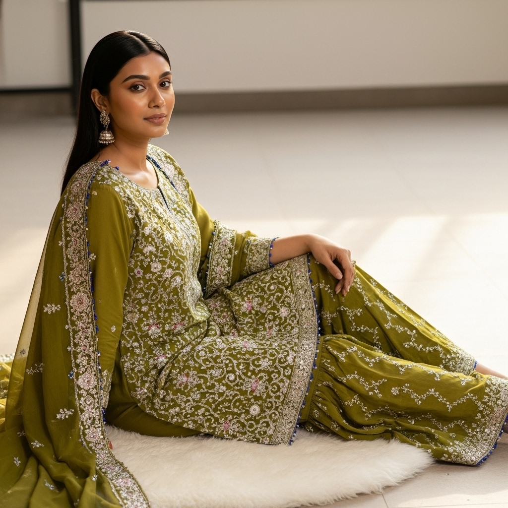 Mustard Yellow Silk Embroidered Gharara Suit - Image 5